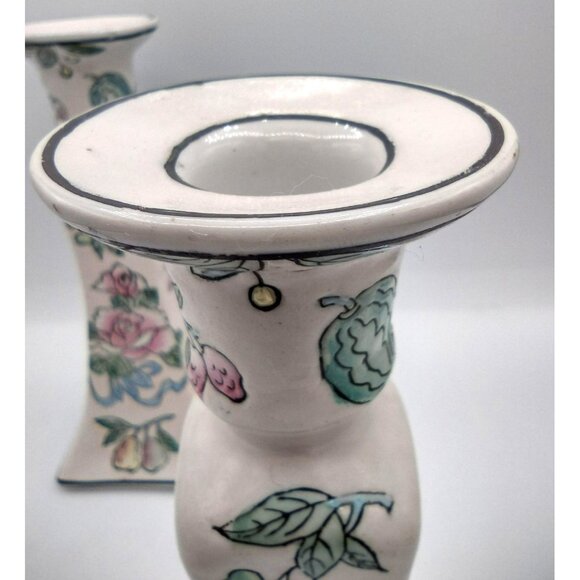 Taper Candle Holders Chinoiserie Hand Painted Vintage Floral Pastel Pair 8.3 In - Picture 6 of 13